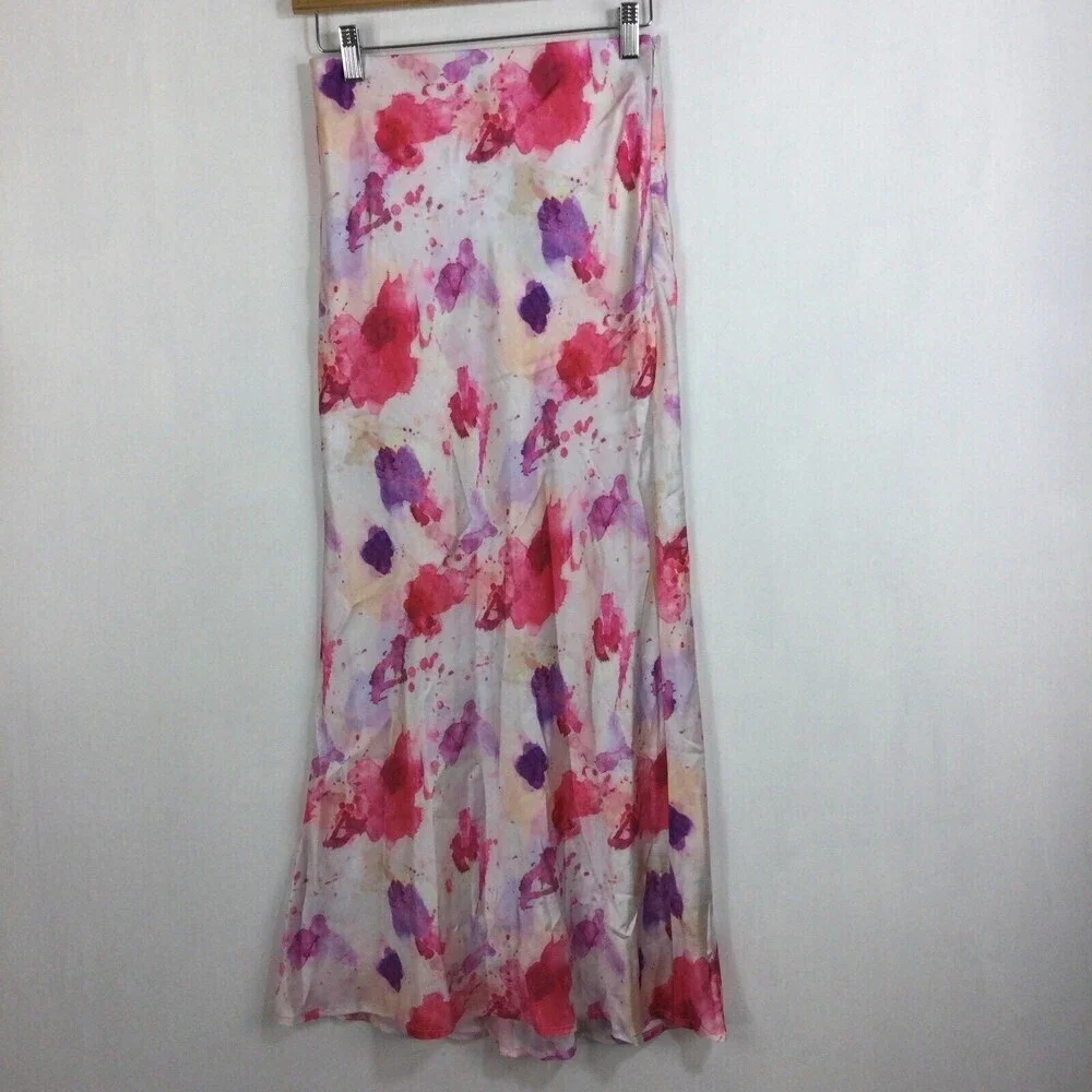 Lulu's Womens Satin Tie-Dye Splatter Side Zip Long Maxi Skirt Pink Size XS
